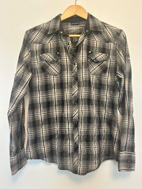 KÜHL Dillingr Flannel Shirt Mens L Grey Black Plaid Athletic Fit Button Down